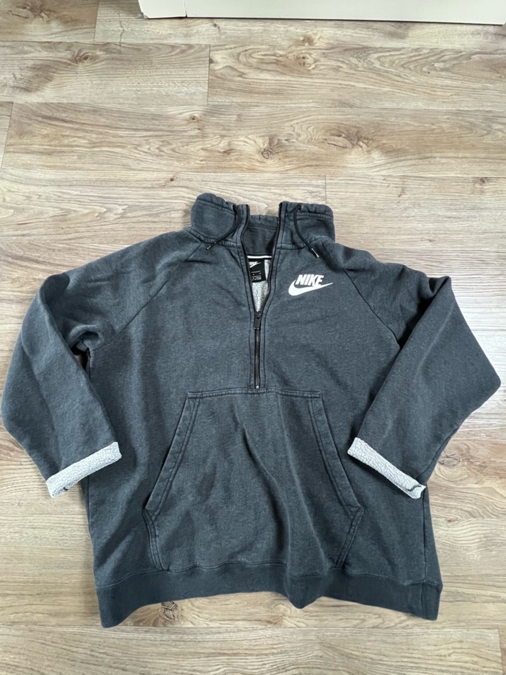 Nike Dark Gray Half Zip Hoodie with White Logo Cropped Cuffs